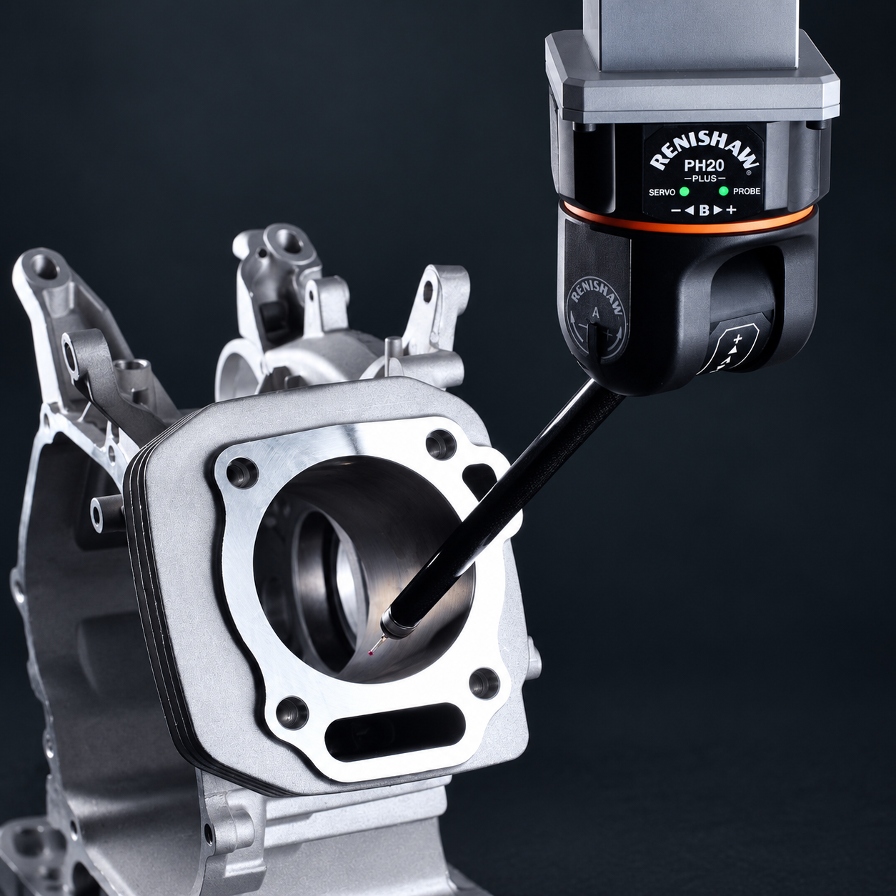 Renishaw PH20 PLUS probe measuring a machined aluminum component